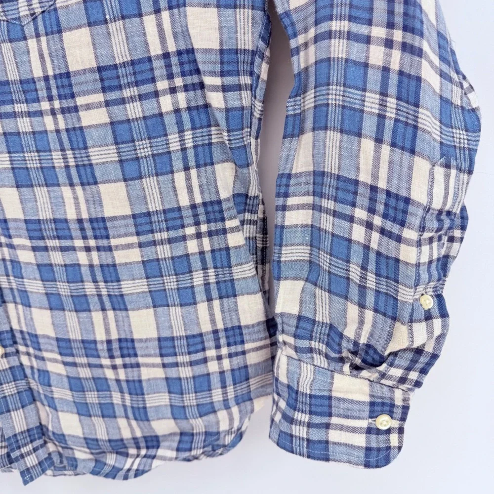 J Crew Slim Fit Blue Plaid Linen Button Down Shirt XL F0850